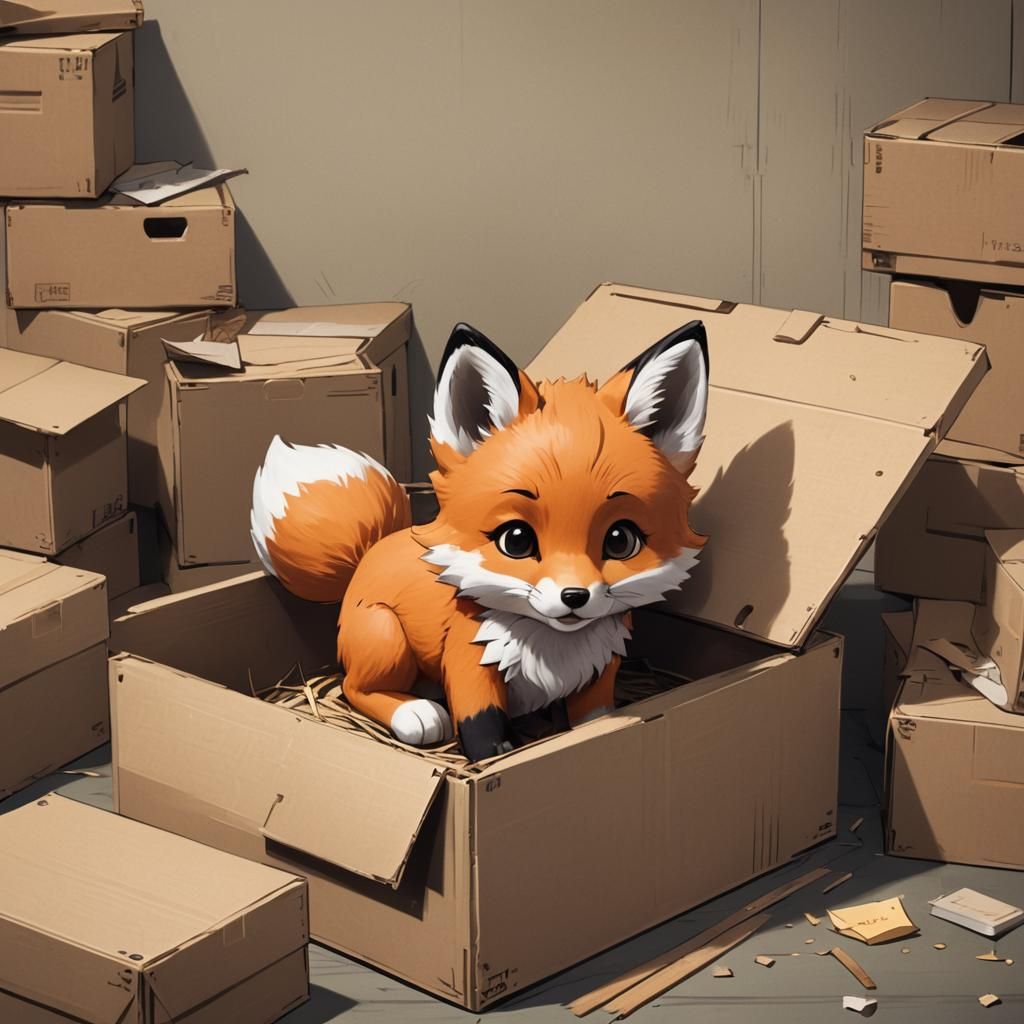 Cute Fluffy Fox Cub in a Box, Anime Style