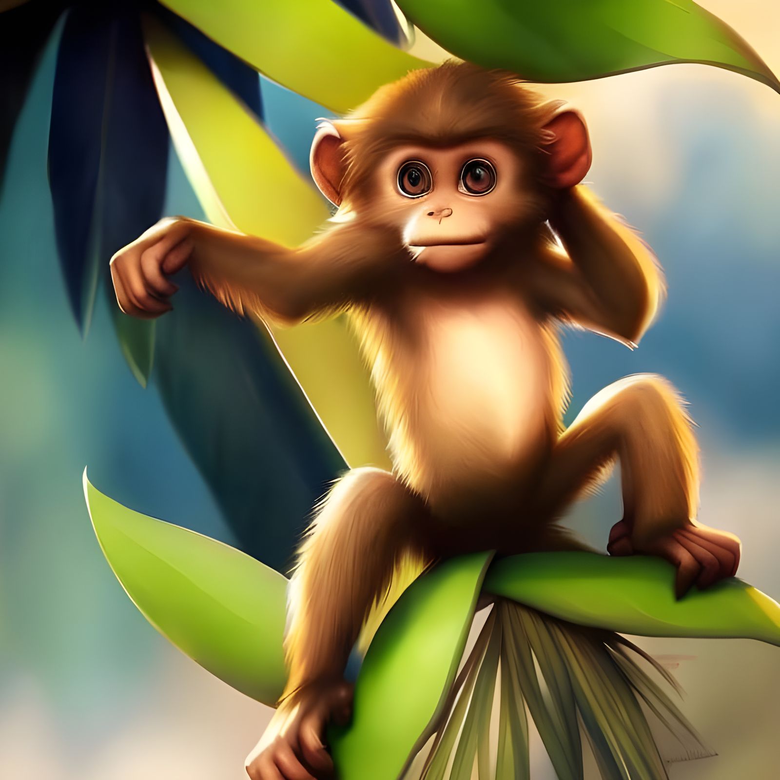 Monkey Climbs Palm Tree: Photorealistic Digital Art