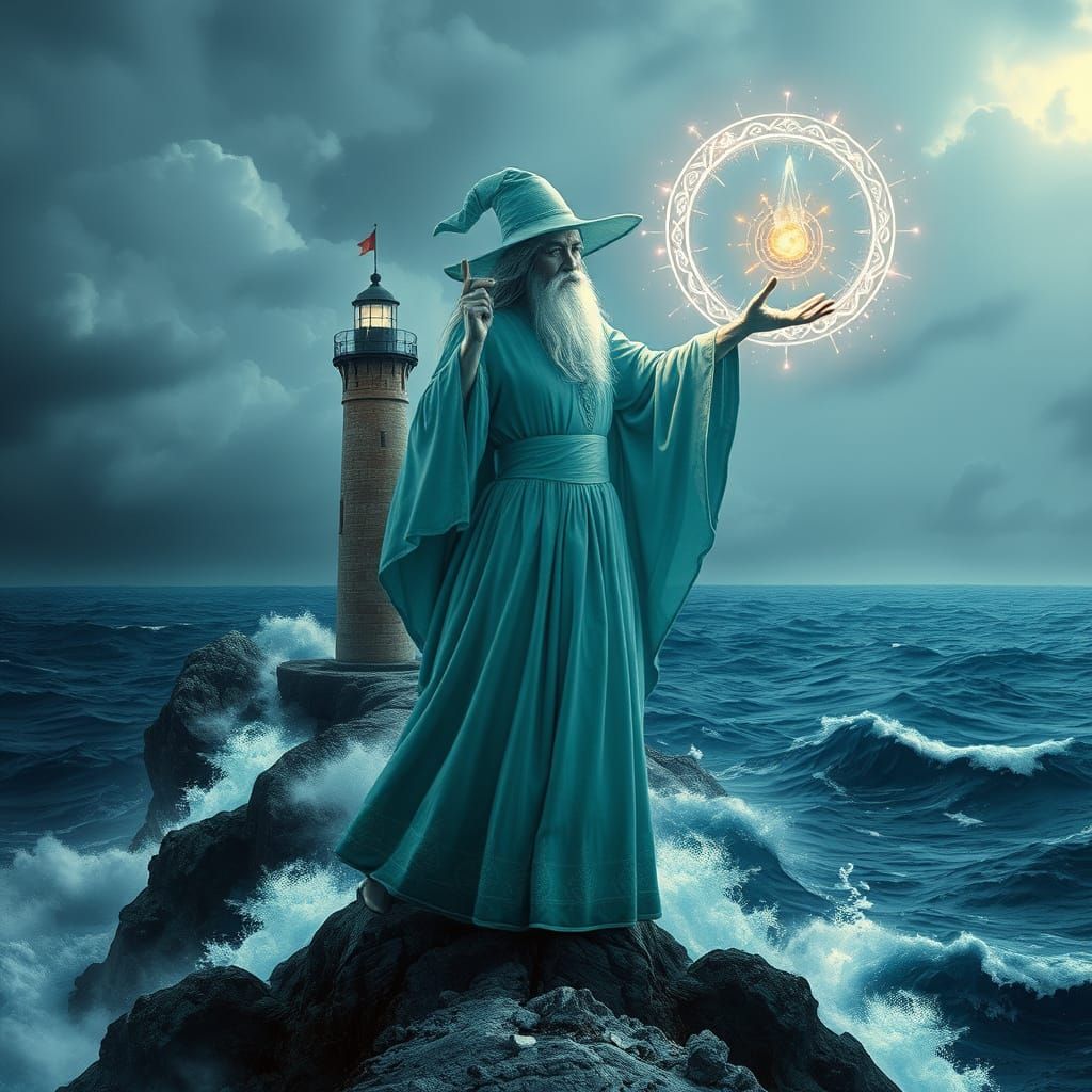 Stormy Sea Wizard in Ethereal Light