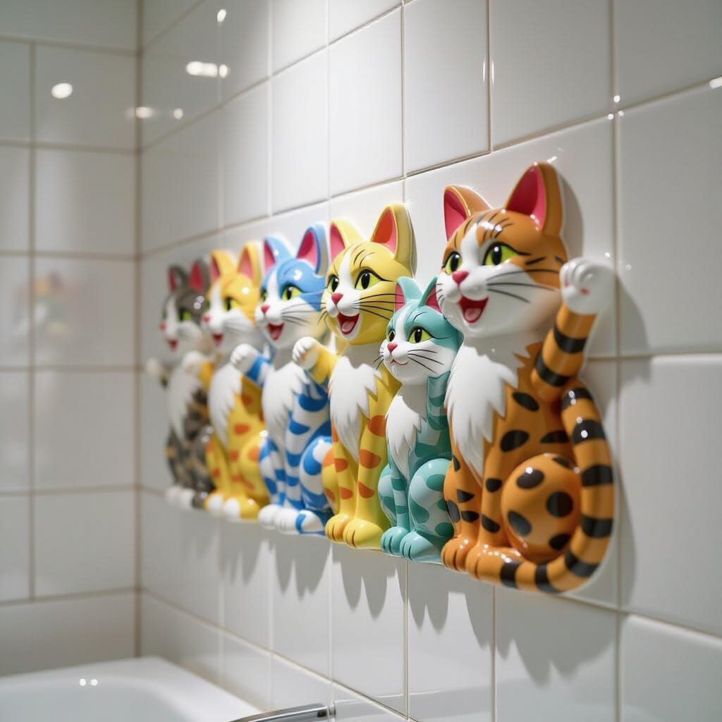 Funny Cat Mosaic Bas-Relief on Sterile Bathroom Wall