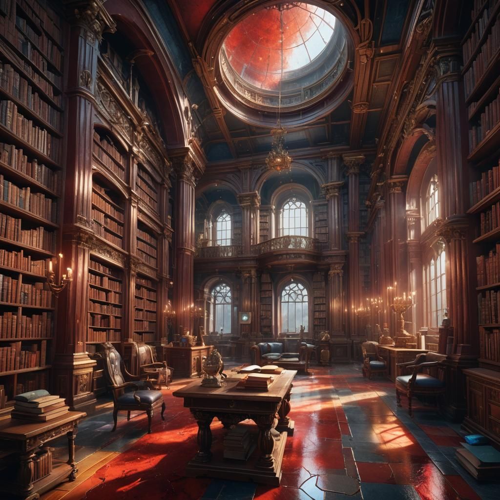 Red Labradorite Library in Detailed Matte Painting Style