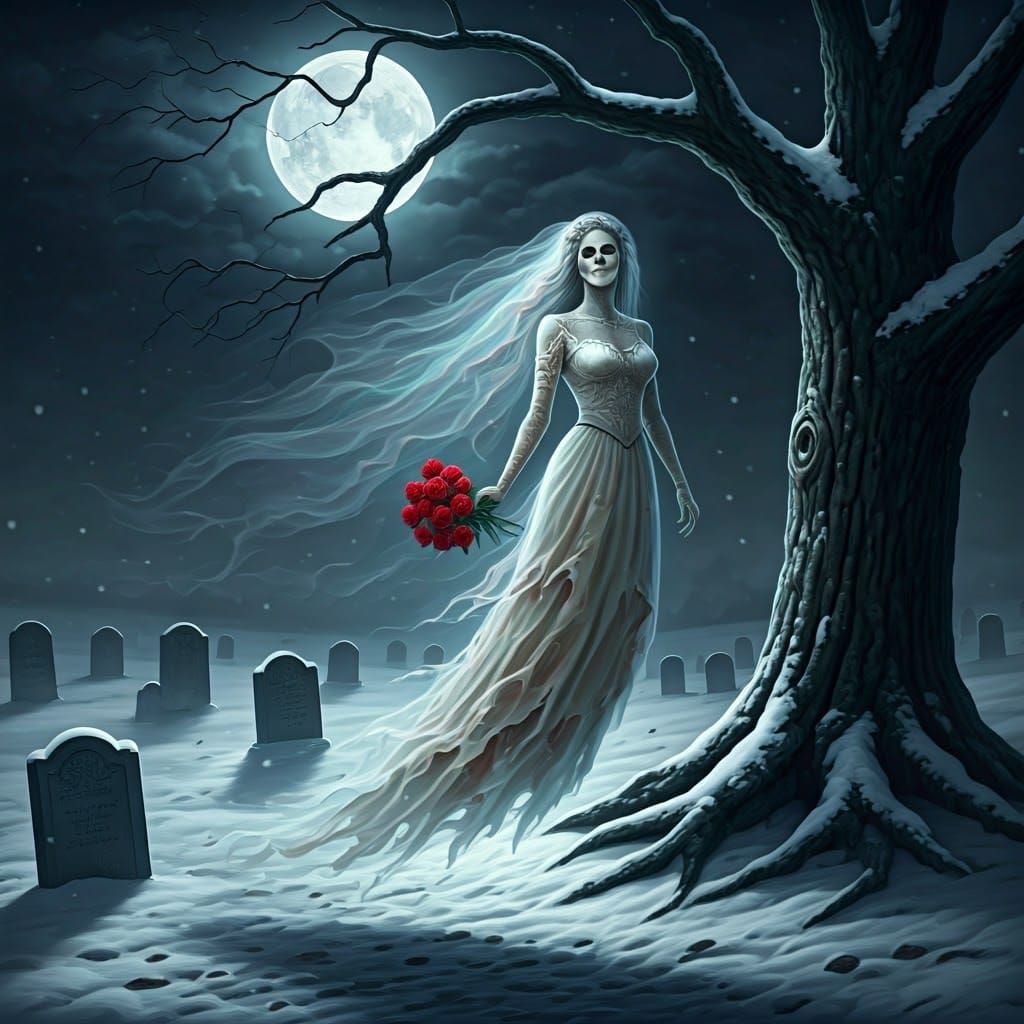 an image of a ghostly bride as an ethereal figure composed o...