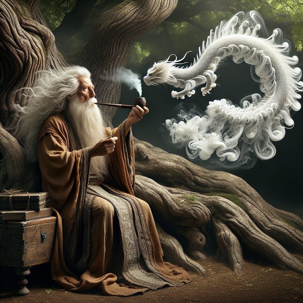 Wizard Smoking Pipe Blowing Smoke Dragon