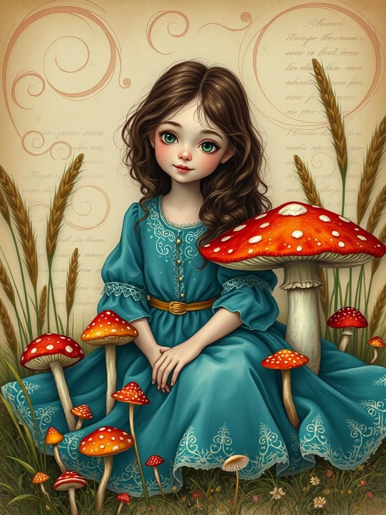 Enchanting Girl with Mushroom in Magical Forest