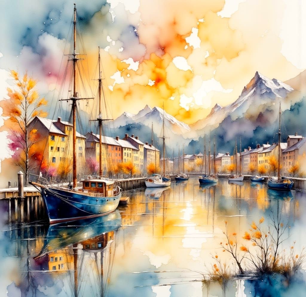 Oslo, Norway: Impressionist Watercolour Painting in Golden L...