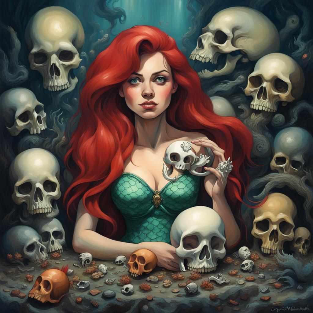 Sinister Little Mermaid with Skull, Digital Art