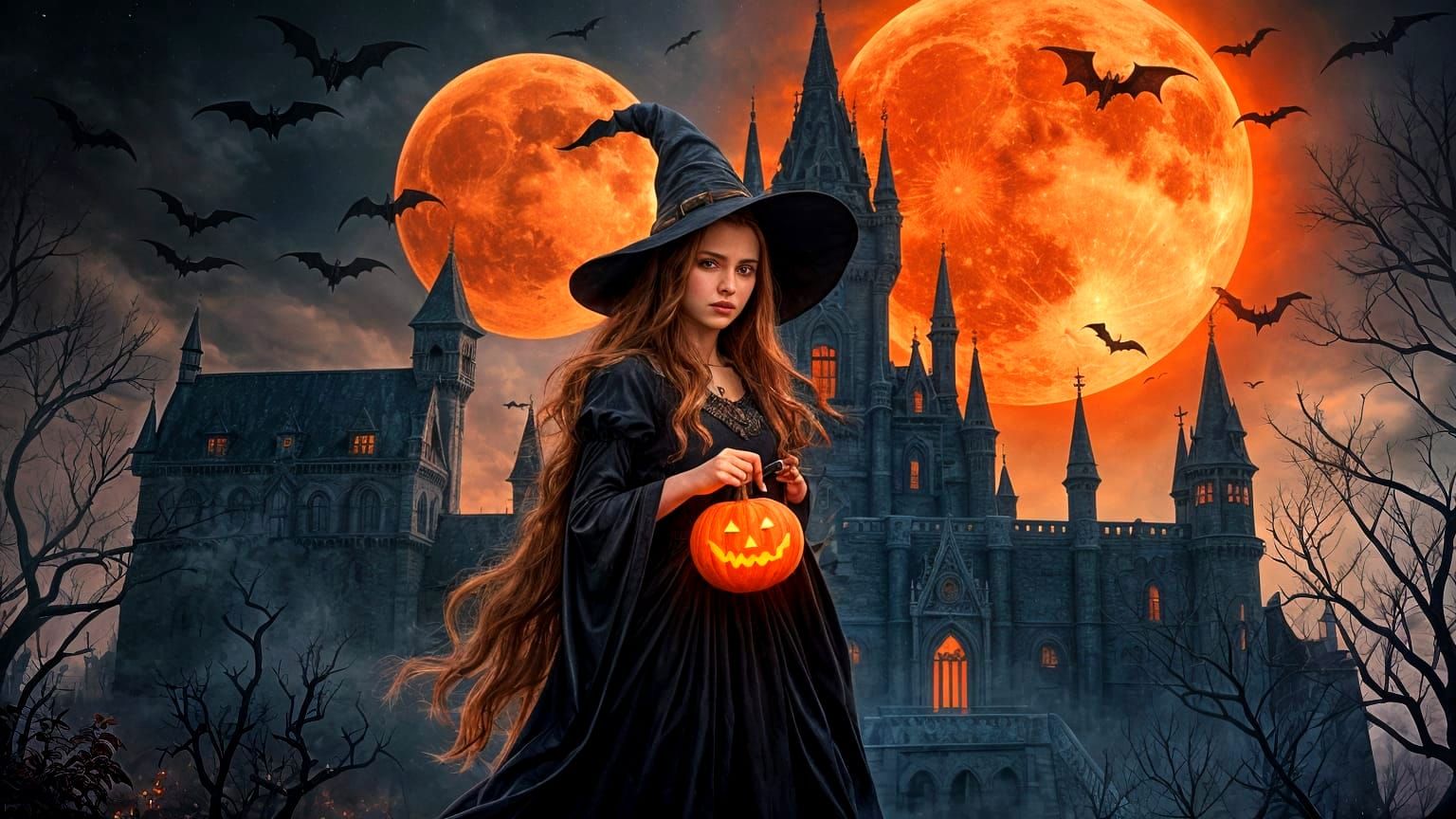 Ethereal Witch Under Red Moon with Castle