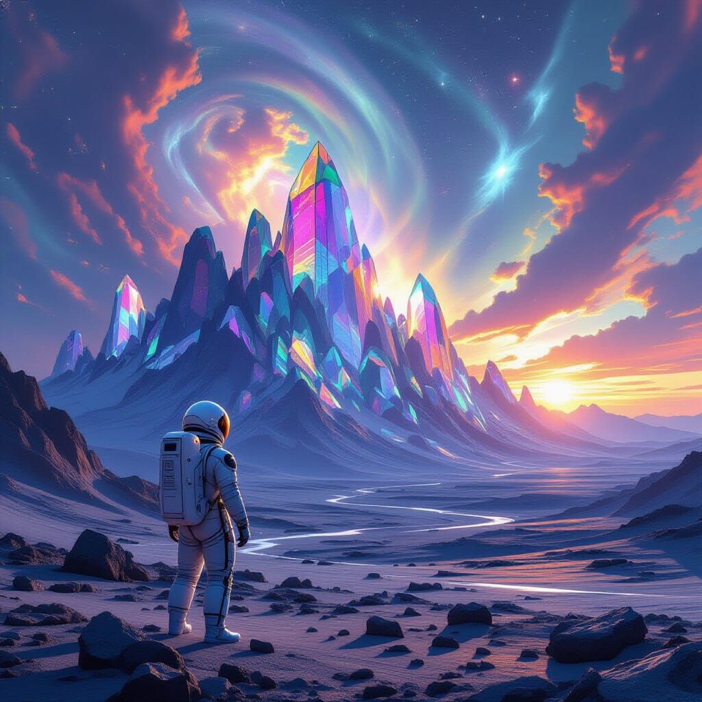 Astronaut Gazes at Crystal Mountains Under Nebula Sky