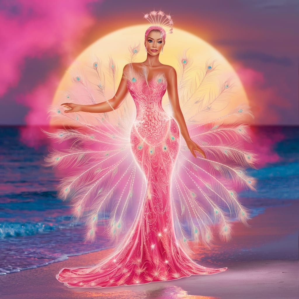 Glowing Woman in Pink Peacock Gown on Beach