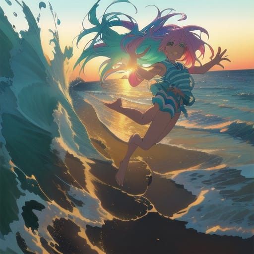 Anime Goddess Leaps into Sunset