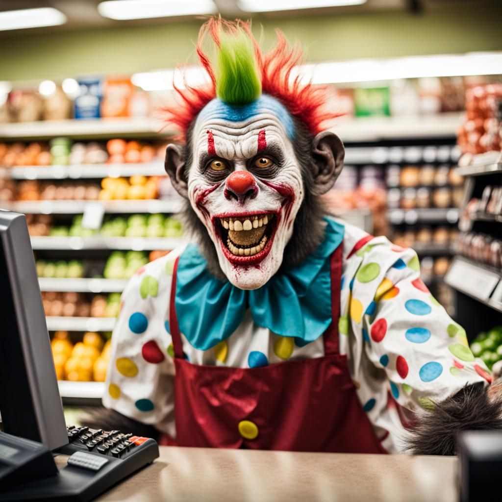 Zombie Clown Monkey Cashier Grinning Maniacally