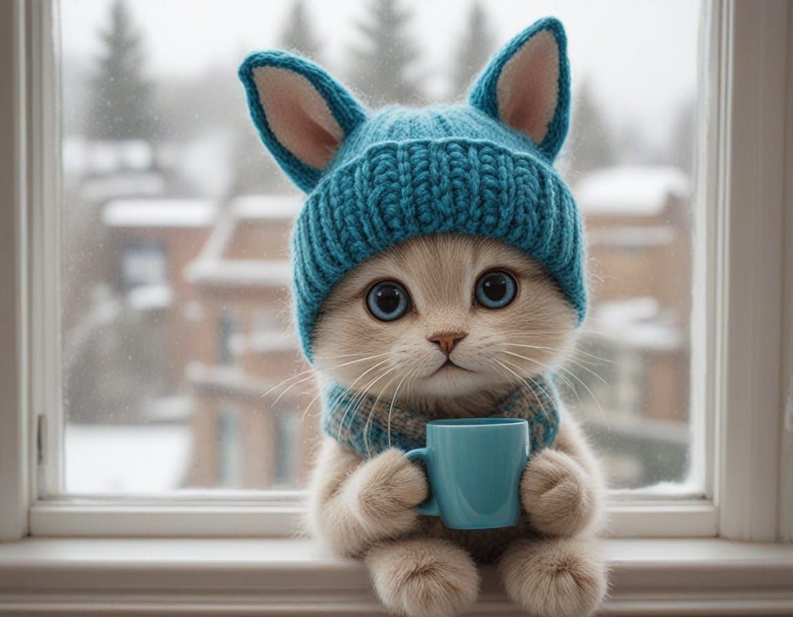 Cozy Kitten in Blue Knitted Hat