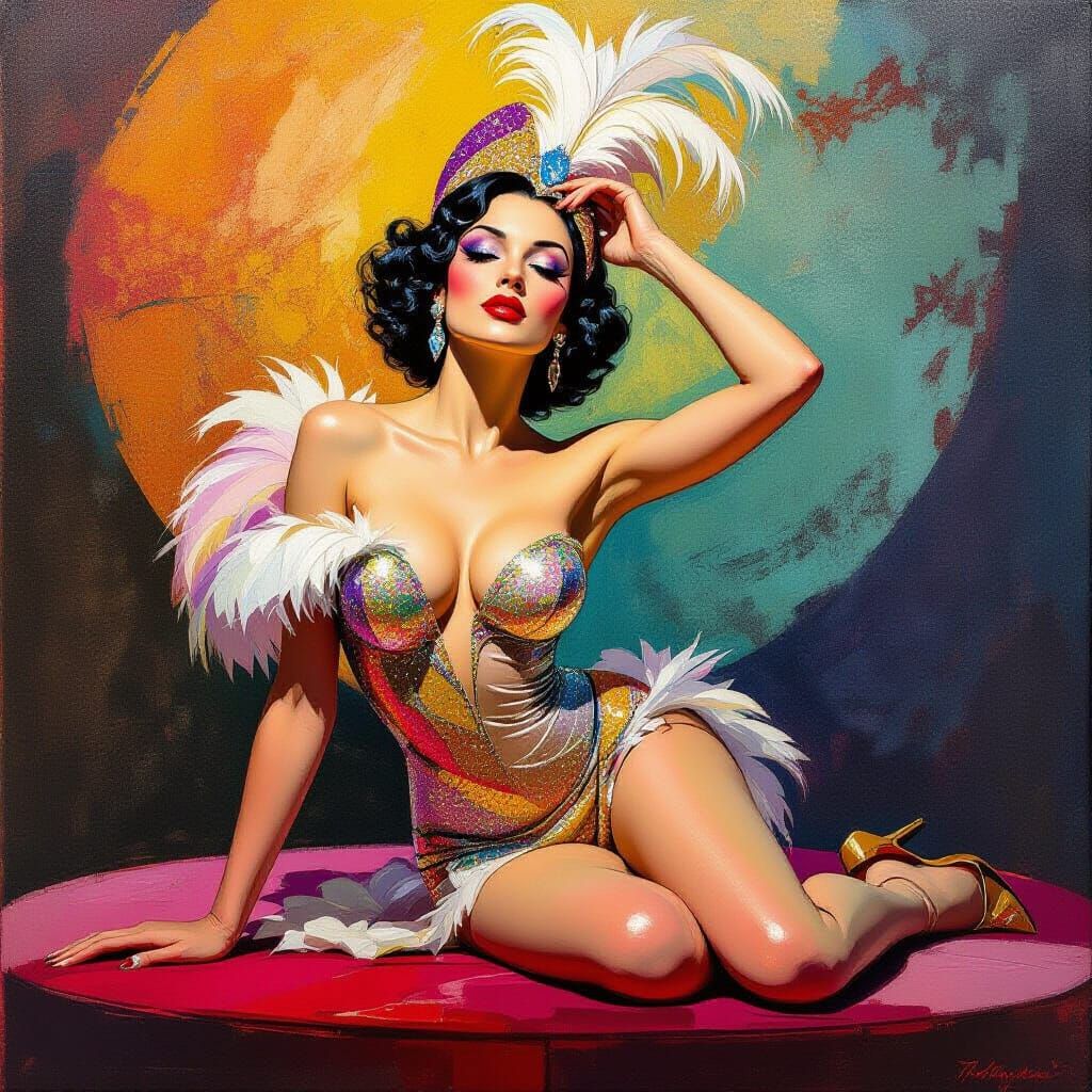 Showgirl on Stage, Art Deco Glamour Oil Painting