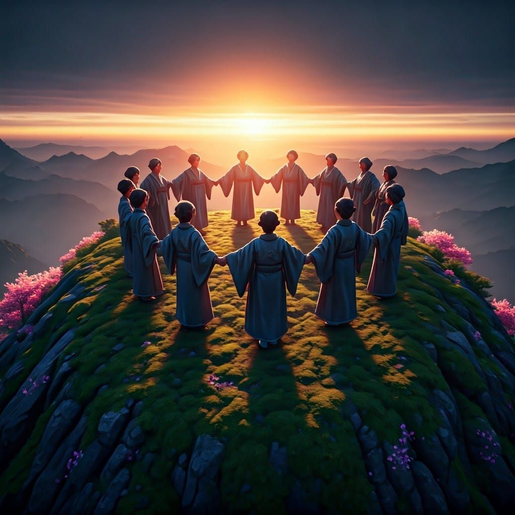 Serene Asian Women Dancing on Misty Mountain