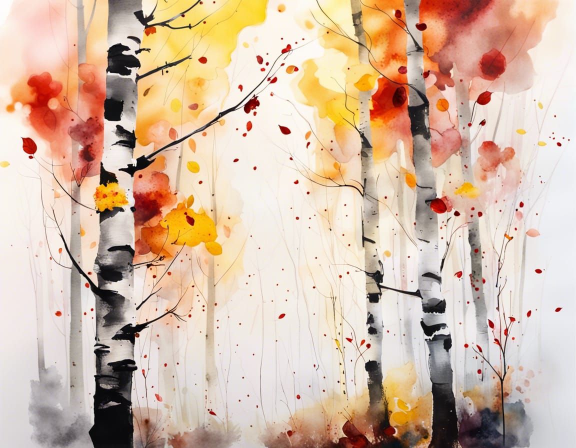 Autumnal Birch Forest in Fog, Alcohol Ink Style