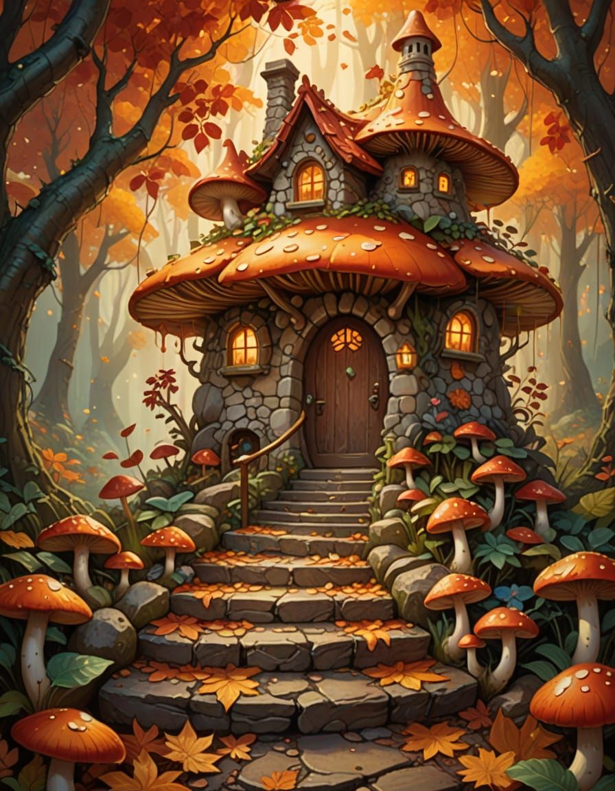 Whimsical Mushroom House with Autumn Leaves