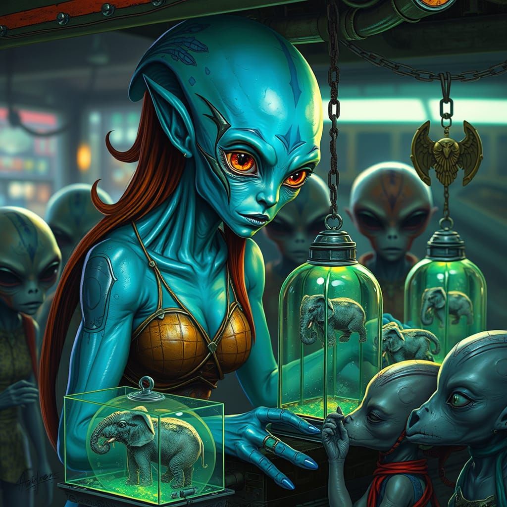 Alien Woman's Market Stall in Hyperrealistic Style