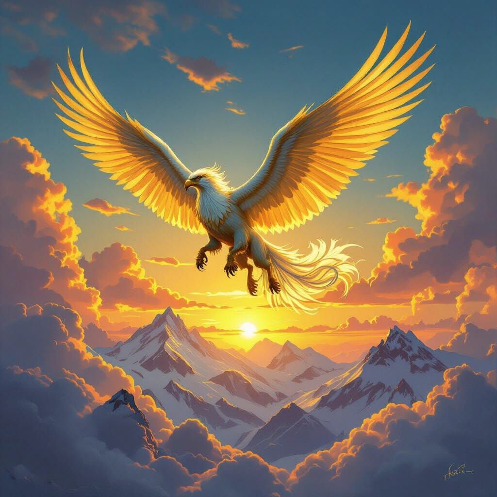 Griffin Soaring Through Sunset Sky in Fantasy Art Style