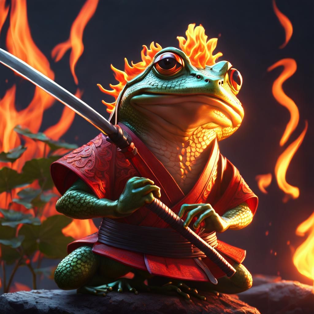 Samurai Frog with Flaming Katana in Ghibli Style