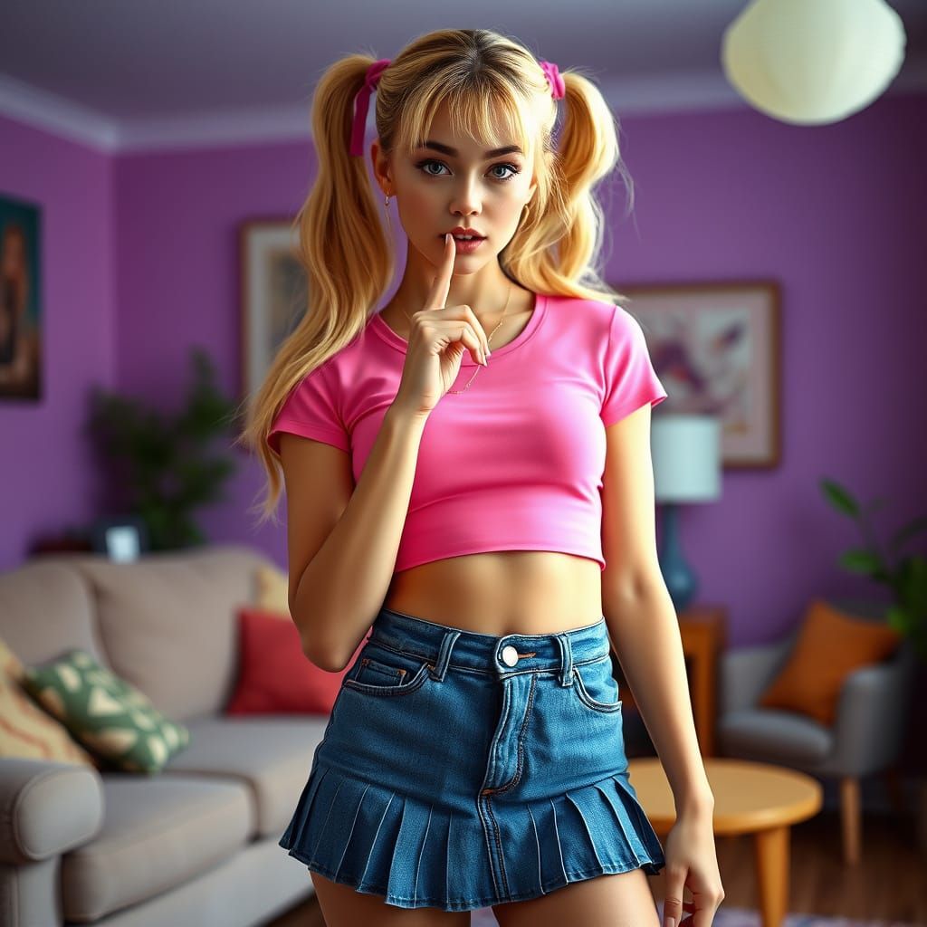 Confident Young Woman in Pink Crop Top and Miniskirt, Exudin...