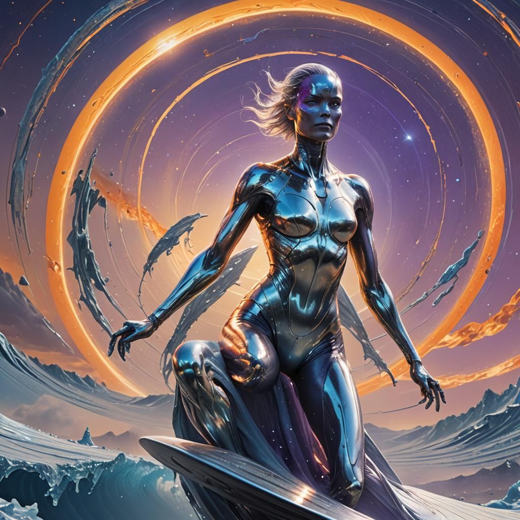 Female Silver Surfer Rides Cosmic Wave on Saturn