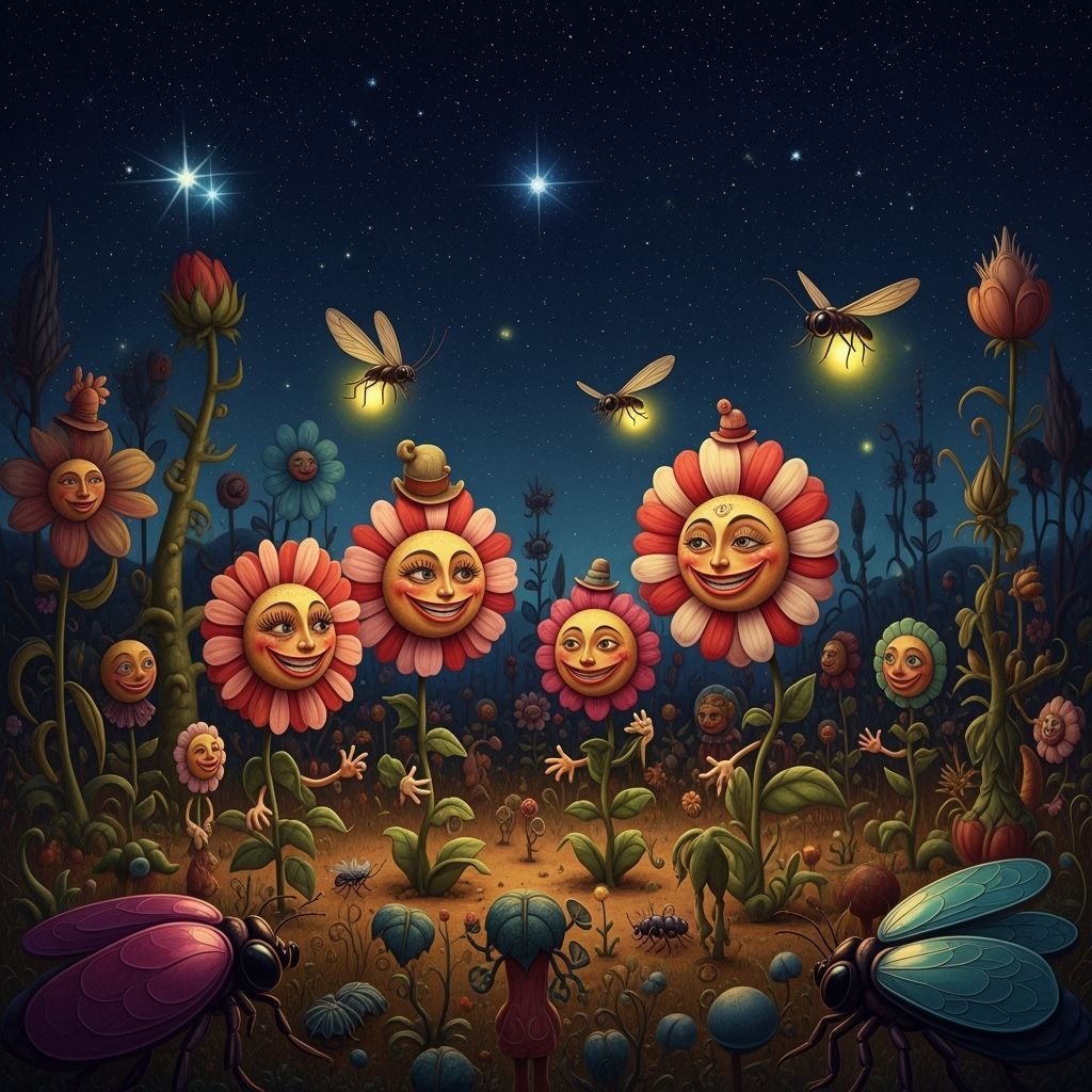 Whimsical Garden Under Starry Night Sky