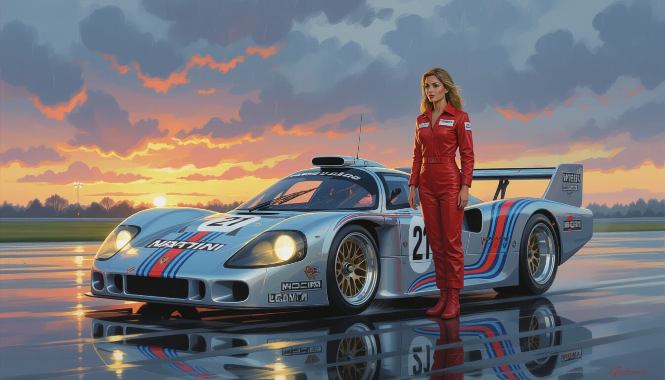 Female Pilot Beside Futuristic Porsche 962C Race Car