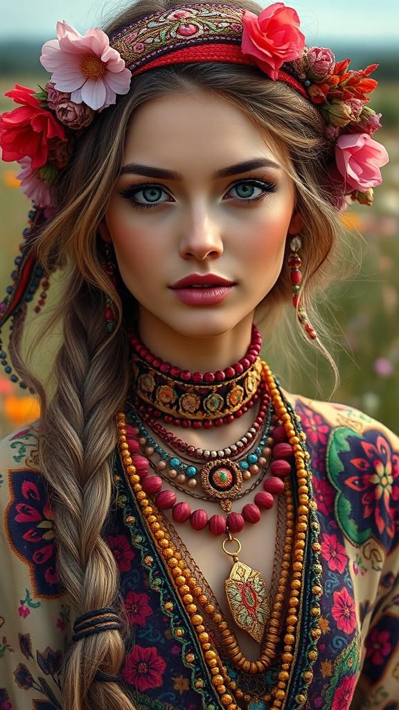 Hyperrealistic Portrait of Woman in Bohemian Clothing