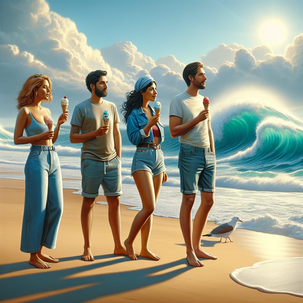 Four Friends Enjoying Ice Cream on a Sunny Beach
