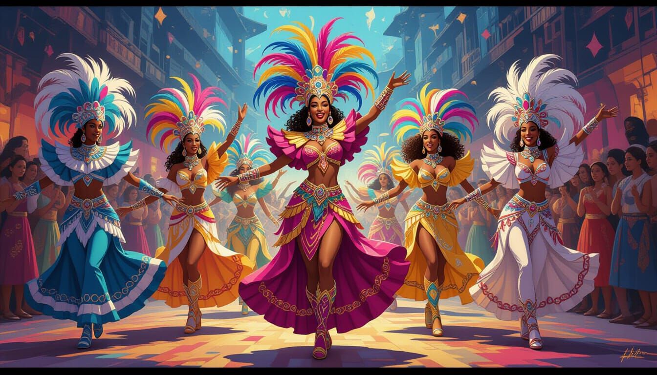 Energetic Carnaval Dancers in Expressionist Style