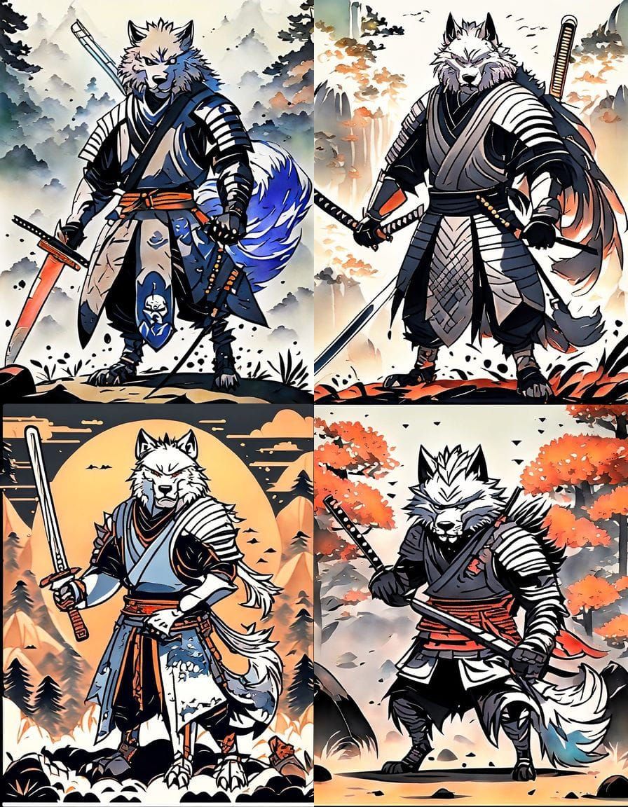 Anime-Style Samurai Wolf with Fluffy Pride