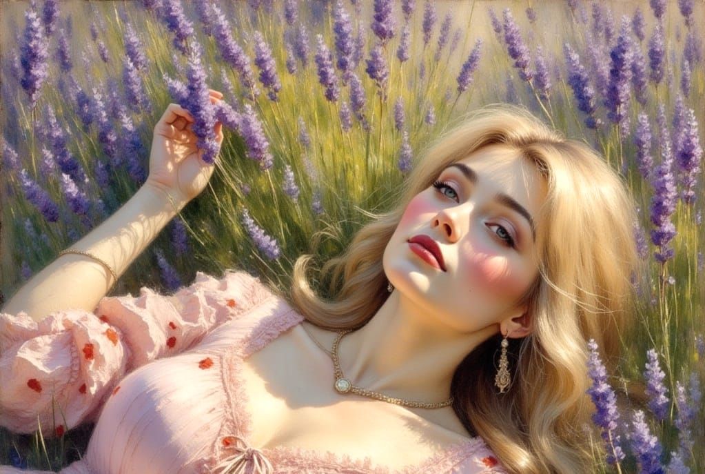 Woman in Lavender Field: Impressionistic Oil Painting