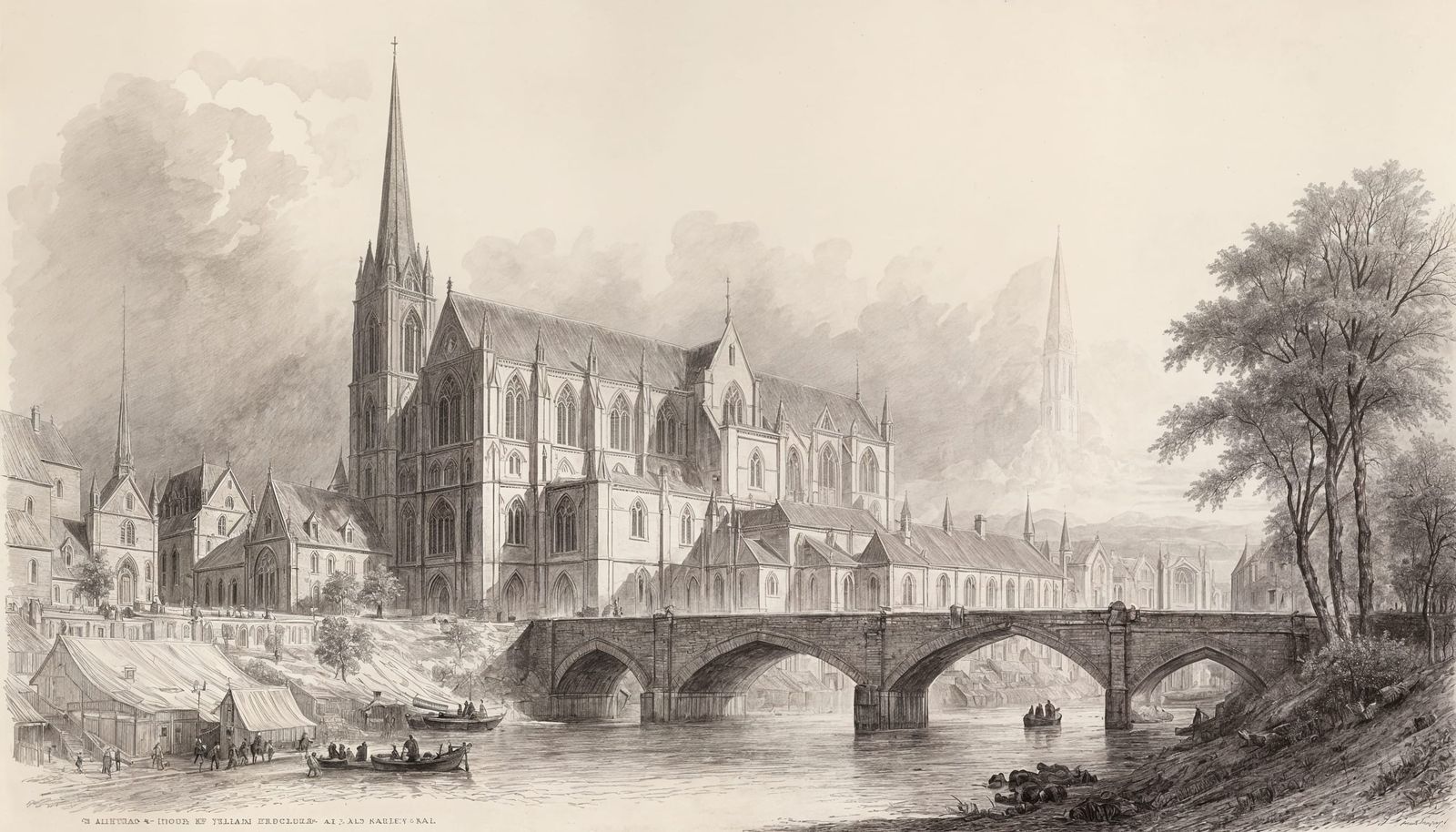 Romantic Gothic North Portal Drawing in Warm Golden Light