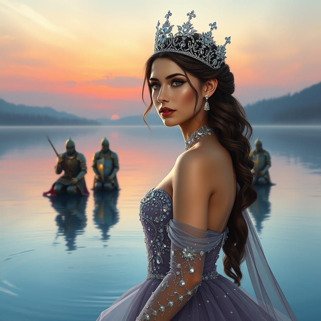 Regal Young Woman in Diamond Crown, Surrounded by Kneeling K...