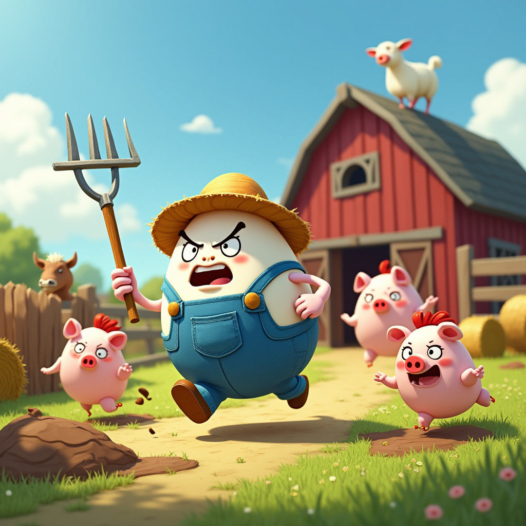 Enraged Egg Farmer Chasing Cartoon Hens