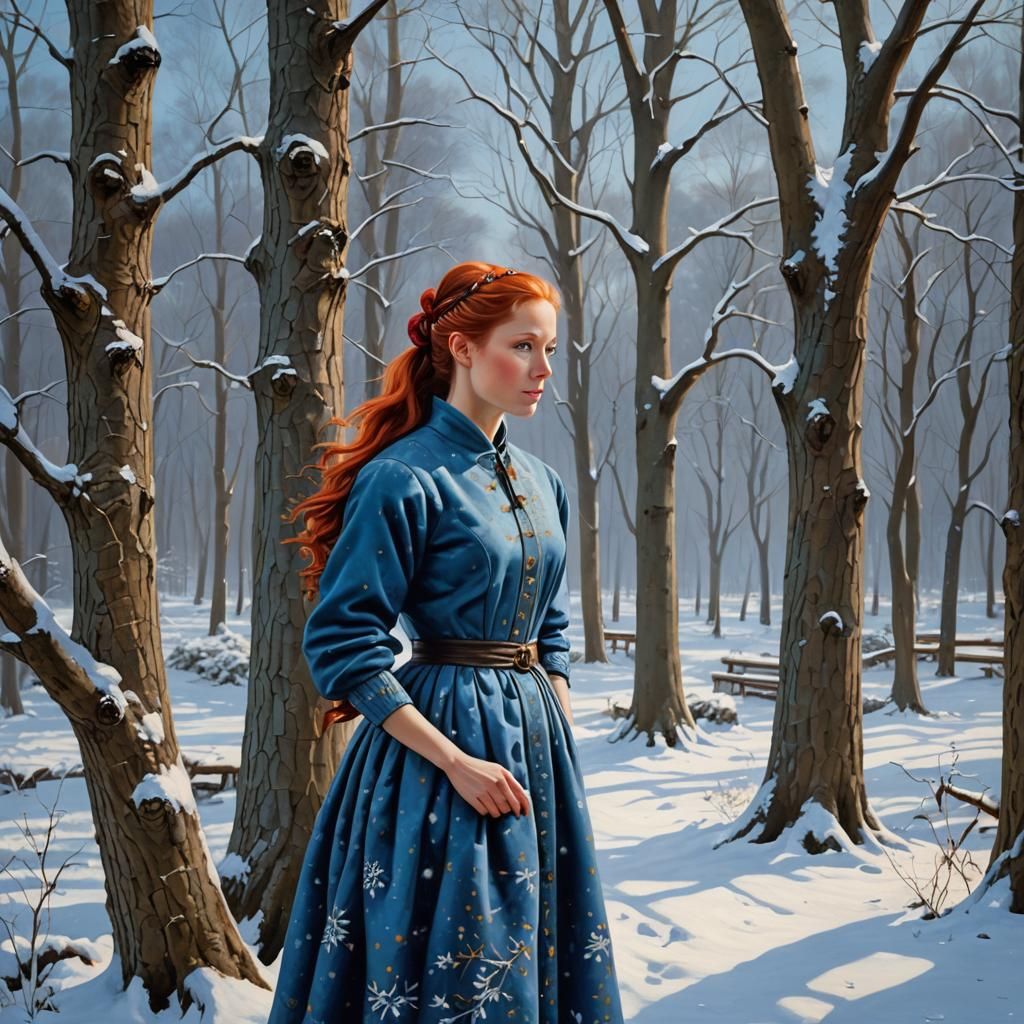 Classic Portrait of Woman with Red Hair in Winter