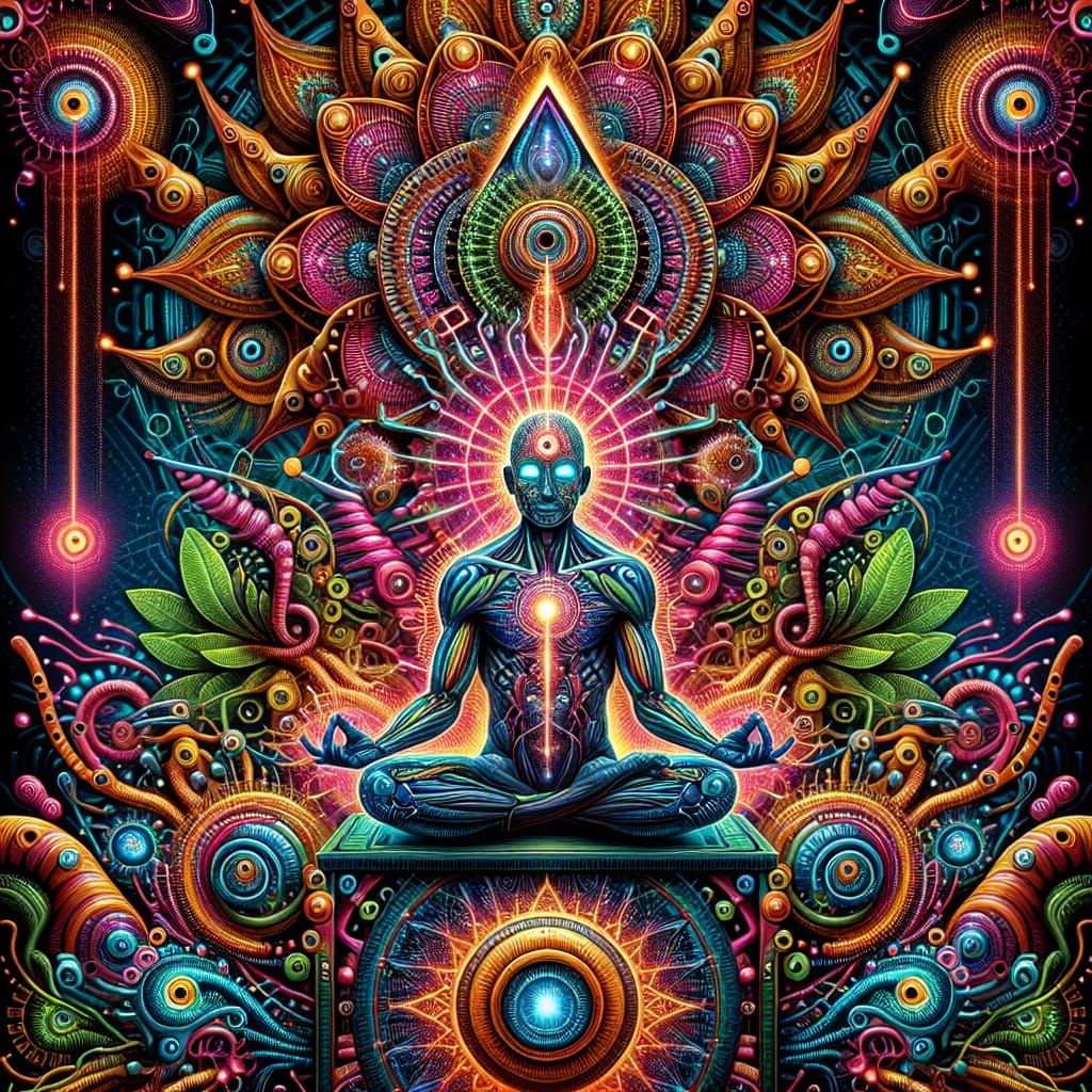 Psychedelic Meditative Figure with Glowing Aura