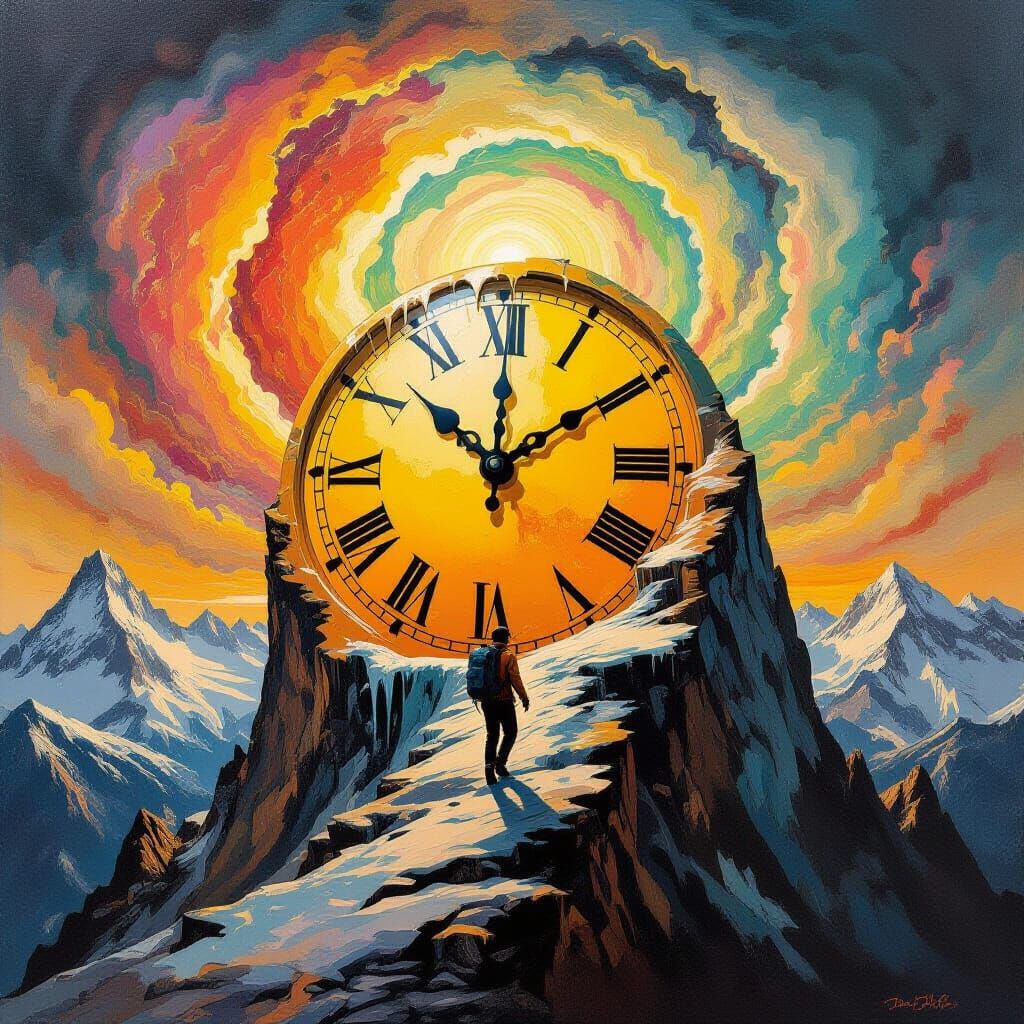 Surreal Melting Clock in Swiss Alps, Oil Painting Style