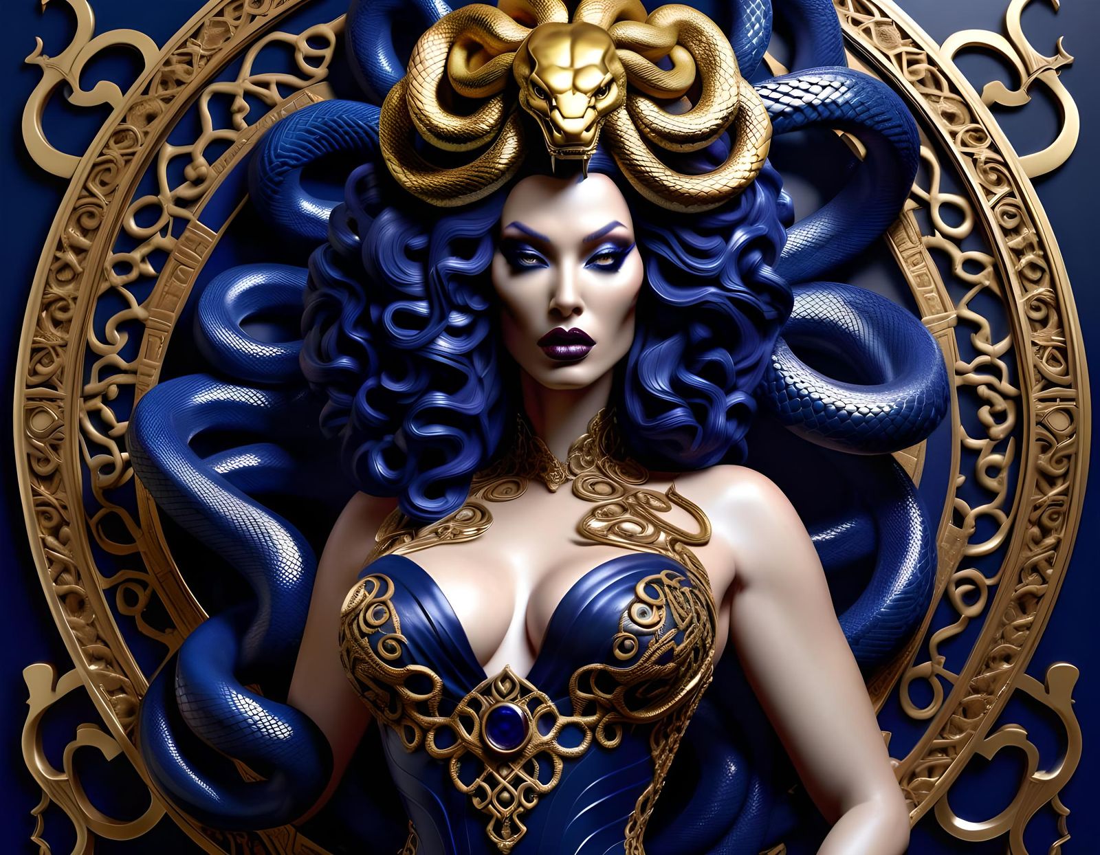 Hyperrealistic Medusa with Snake Hair and Filigree