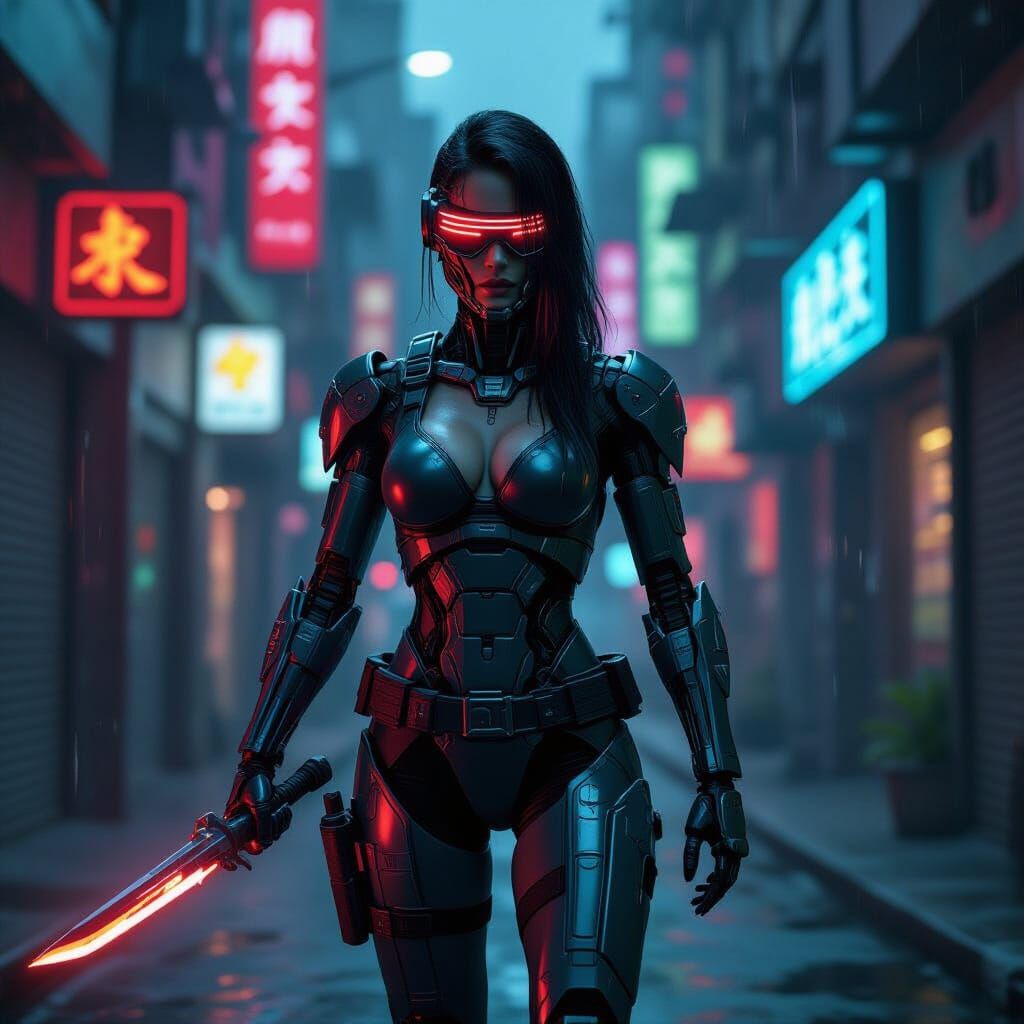 Cyborg Warrior in Neon Cyberpunk Alleyway