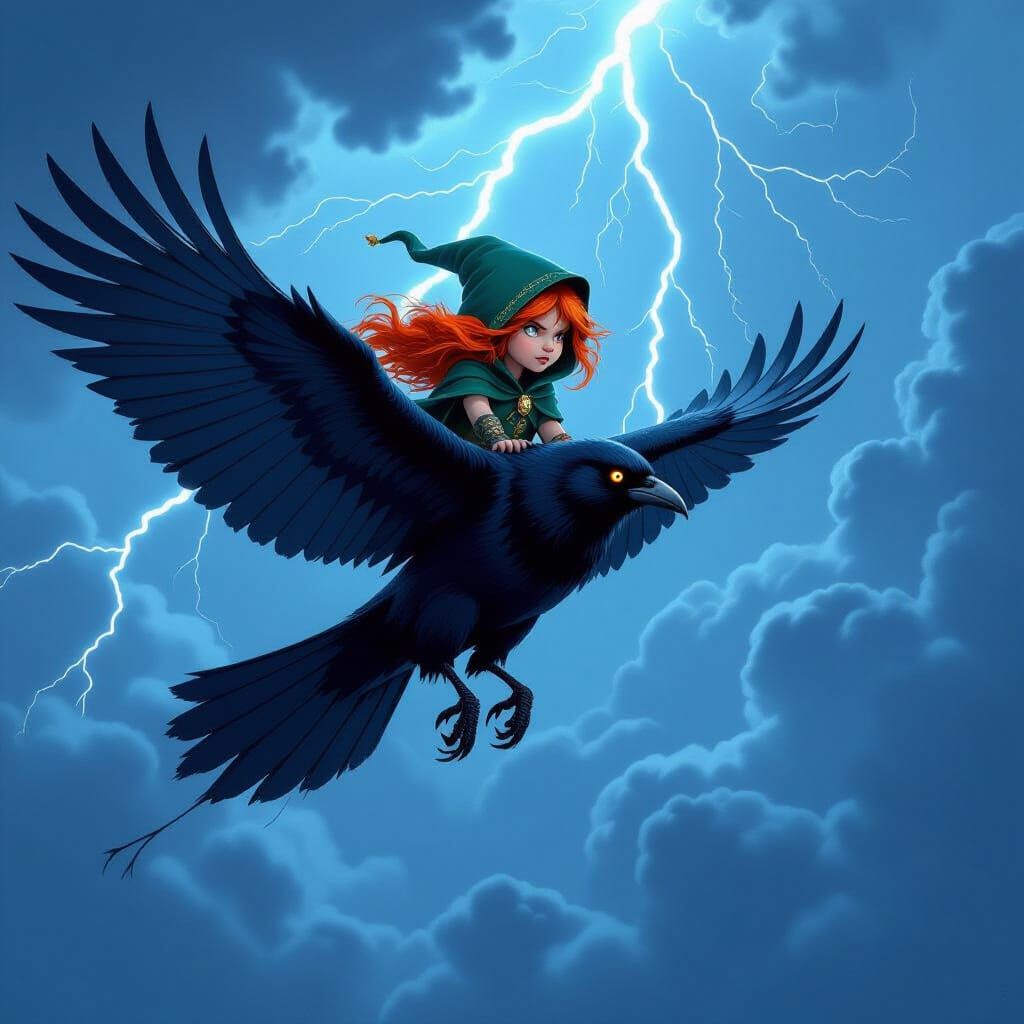 Angry Elf Girl Rides Crow Through Stormy Sky
