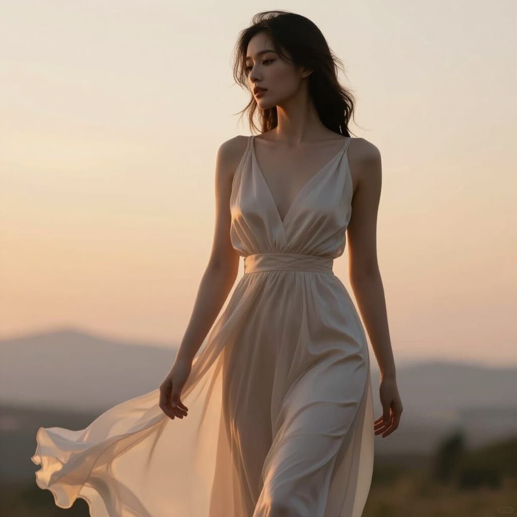Elegant Woman in Flowing Dress Under Sunset Light