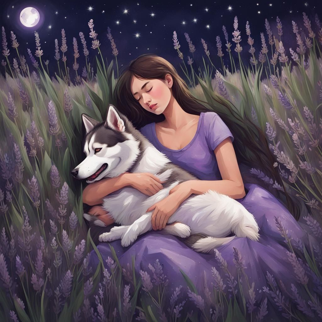 Girl Stargazing with Husky in Lavender Field