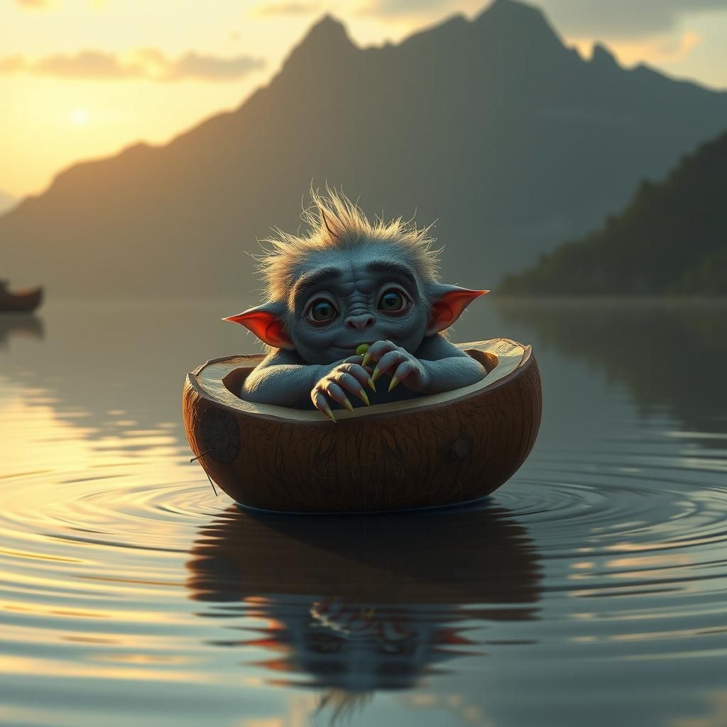 Creature in Coconut Reclines in Mountain Lake