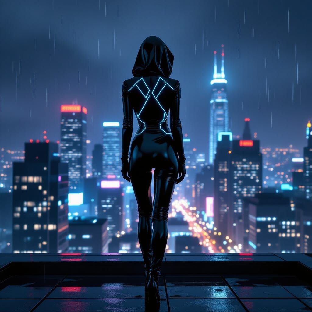 Mysterious Figure in Glowing Latex on Neon Metropolis Roofto...