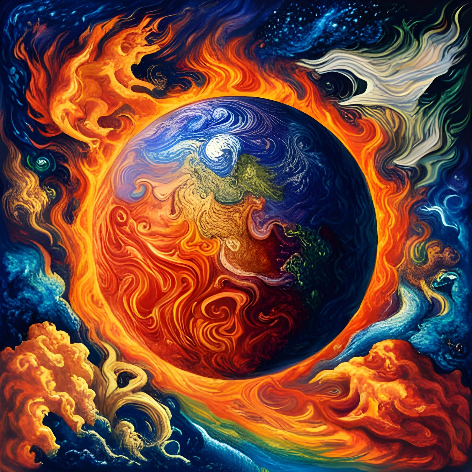 Burning Earth as Impasto Oil Painting