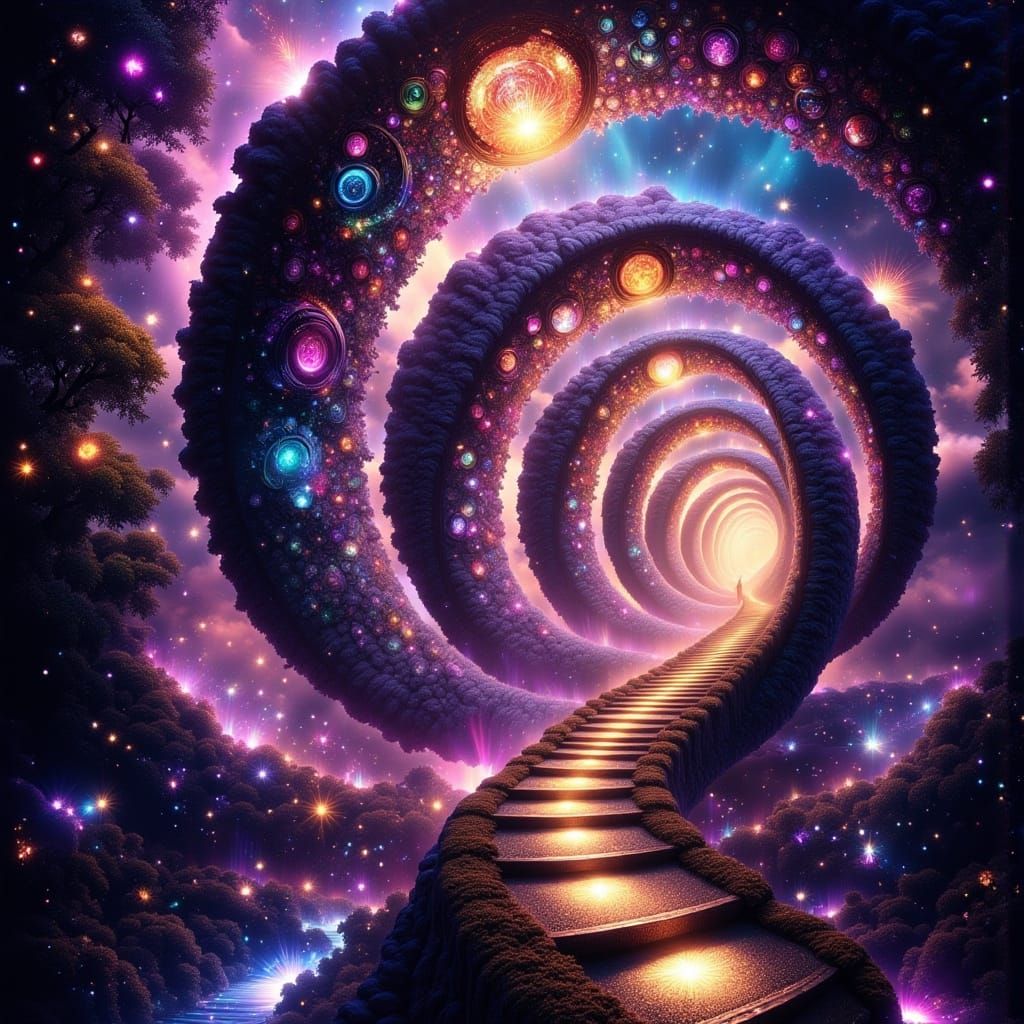 Cosmic Spiral Bridge Through Wormhole in Vibrant Neon Colors