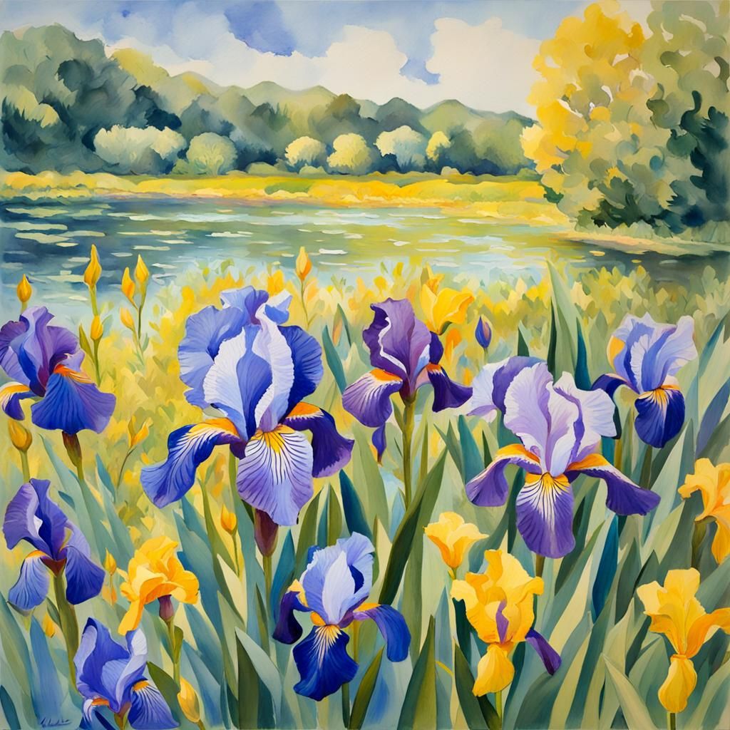 Park Scene in Gouache Style with Pond and Flowers