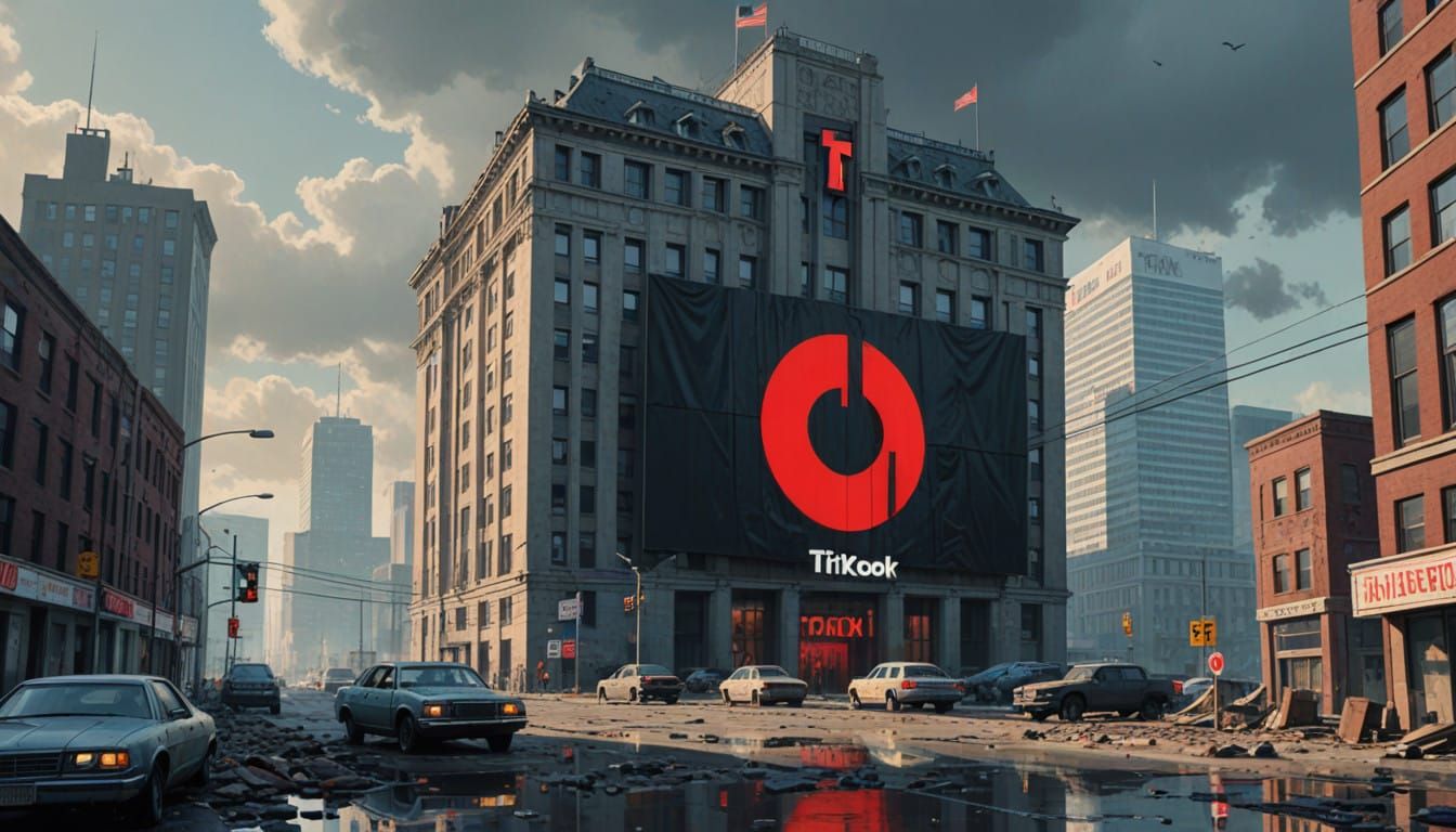 Dystopian US Cityscape Features Banned TikTok Logo in Banksy...