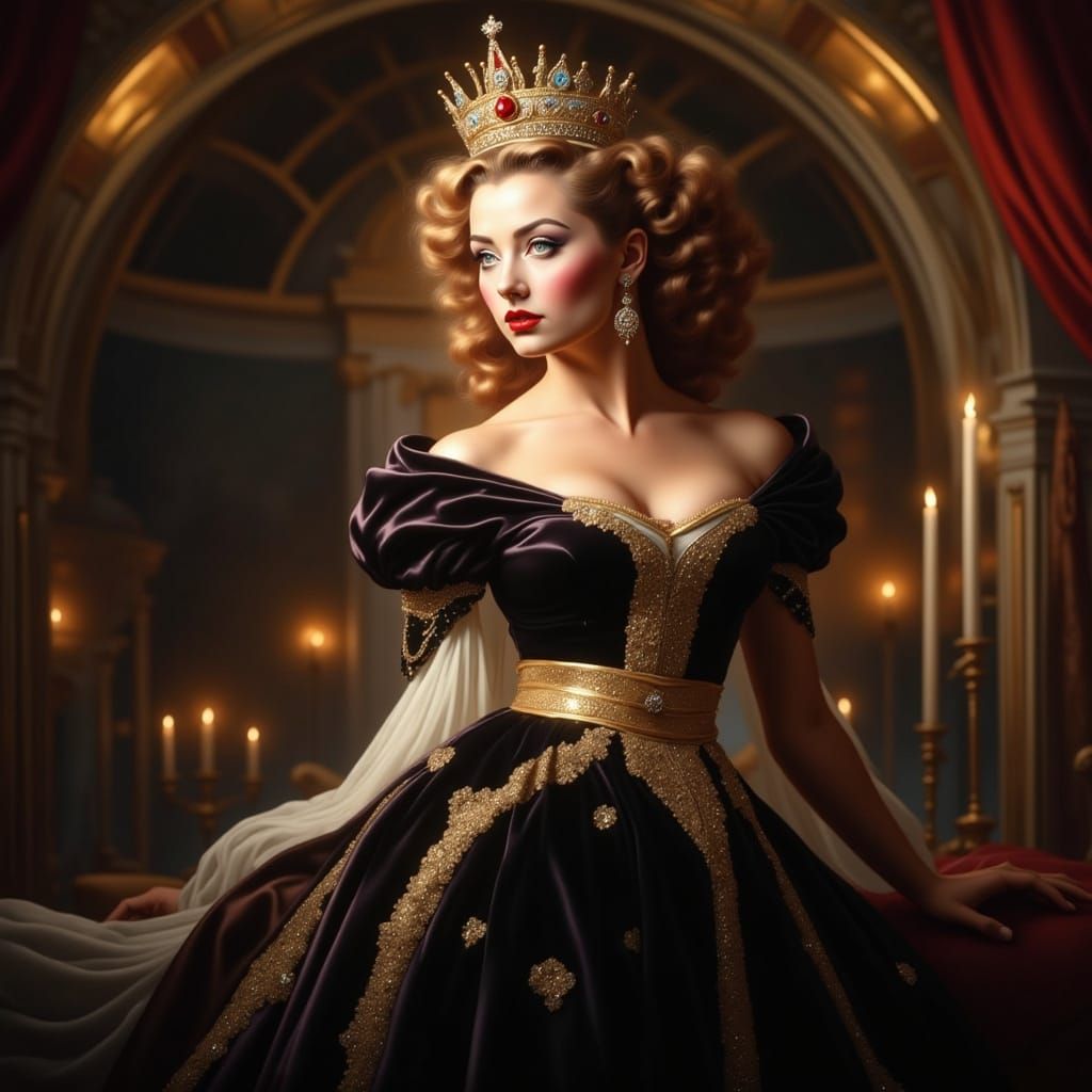 Woman in Black Velvet Dress with Gold Crown, 1800s Style